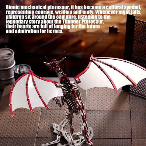 Pterosaur 3D Metal Puzzle Kit With 373 Piece Stainless Steel Mechanical Dragon For Adults Biomechanical Model STEM Build Gold Finish Collectible Gift For Builders, red-wing pterosaur display