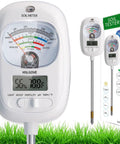 Seven In One Soil Tester With Digital Moisture PH Fertility Meter And Dual Screen Temperature And Humidity For DIY Indoor Outdoor Gardening Lawn Farm Use Ivory White, showing dual dial and LCD display with packaging box.