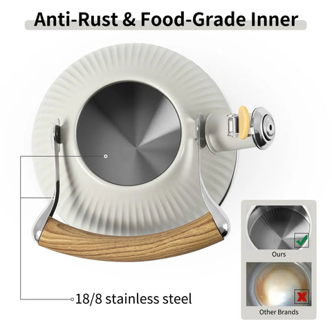 Stovetop Tea Kettle 2.5 Quart Whistling Kettle With Stainless Steel Body Creamy White Finish Wood Pattern Folding Handle Easy Pour Spout