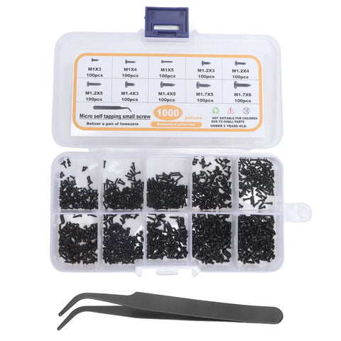 Killer 1000 Piece Miniature Screw Kit With Precision Tweezers M1 M1.2 tiny carbon steel fasteners in clear storage box.