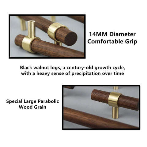 Close-up of 14mm diameter brass walnut drawer pulls with special parabolic wood grain, part of Two Hole 140mm Brass Walnut Drawer Pulls Set Of 4 With M4 Screws High Temperature Sealed Glaze Finish Durable Cabinet Hardware For Kitchen Wardrobe Doors And Drawers Oxidation And Rust Resistant.