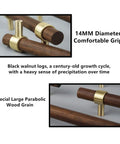 Close-up of black walnut grain and brass on 5.51 Inch Brass Walnut Cabinet Pulls Set With Screws, featuring 14mm handle diameter.