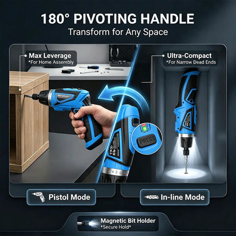 Heavy Duty 8V Cordless Electric Screwdriver Delivering 10 Nm Peak Torque And 11 Precision Speeds For Rough Construction and sailing through hardwood panels with pivoting handle.