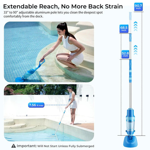 Person using Cordless Pool Vacuum For Above Ground And Inground Pools 1427 GPH Powerful Suction Telescopic Pole Up To 90.7 Inches