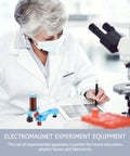 Scientist using Two Set Electromagnet Experiment Kit for Physics Teaching with microscope, illustrating hands-on science tool use.