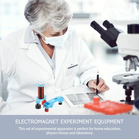 Scientist using Two Set Electromagnet Experiment Kit for Physics Teaching with microscope, illustrating hands-on science tool use.