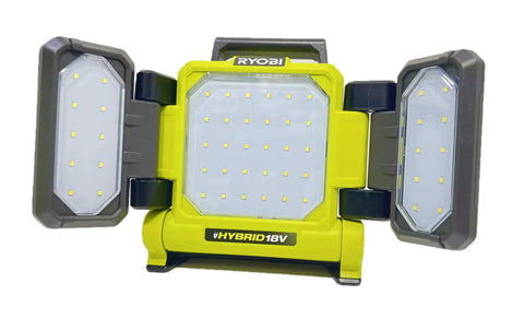 18V Cordless Hybrid 3000 Lumens LED Panel Light For The Job Site with adjustable panels, yellow and black, tool only, no battery.