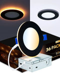 Slick 4 Inch Black Canless Recessed Lights 36 Pack Dead Simple Drop In Wafer Downlights on display with amber light mode.