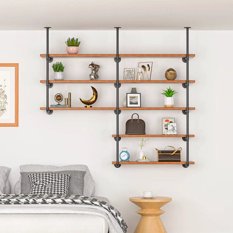 Industrial Iron Pipe Shelving Set With Brackets For Farmhouse Walls, DIY Pipe Shelves For Kitchen Living Room Bar And Cafe Decor, 3 Pieces, 5 Tiers, 68 Inch Tall, 12.2 Inch Between Shelves
