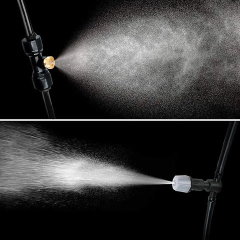 Outdoor Patio Misting System Kit For Cooling, 75 Feet With 28 Brass Nozzles And Three Quarter Inch Adapter spraying mist