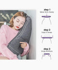 Woman using Eggplant Inflatable Pillow With Ergonomic Hug Design For Naps And Lounging, Compact Lightweight Travel Buddy For Camping Dorm Decor And Home Use, Grey For Everyday Comfort with inflation steps.