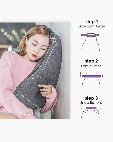 Woman using Eggplant Inflatable Pillow With Ergonomic Hug Design For Naps And Lounging, Compact Lightweight Travel Buddy For Camping Dorm Decor And Home Use, Grey For Everyday Comfort with inflation steps.