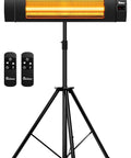 Carbon Infrared Patio Heater With Tripod, Remote Control, Tip Over Protection, Freestanding Or Wall Mounted, IP55 Indoor Outdoor Use, Odorless Heat, Black For Patio Or Deck Ambience All Year, visible with stand and remote