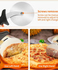 Stainless Steel Pizza Cutter Wheel 9.33 Inch Heavy Duty Rolling Slicer With Finger Guard shown cutting cheese and pepperoni pizzas