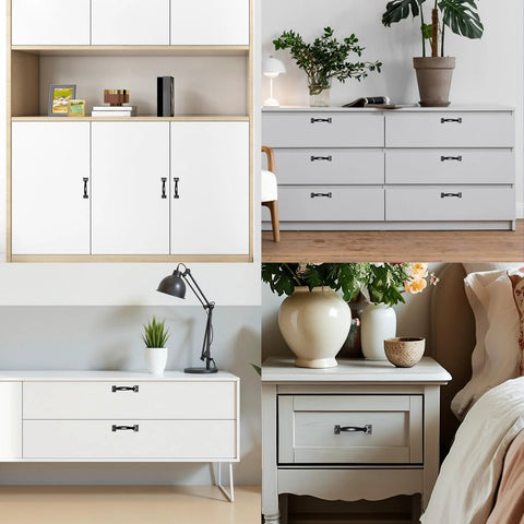 4 Pack 6 Inch Cabinet Door Handles Vintage Barn Door Pulls on white cabinets and drawers in various settings