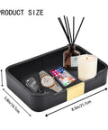Leather Tray Desk Organizer For Jewelry Watches Keys And Small Essentials Must Have Luxury Nightstand And Entryway Storage Tray In Black With Stitched Edges And Metal Accents 8.5L X 5.7W X 1.8H with items inside, dimensions shown