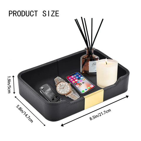 Leather Tray Desk Organizer For Jewelry Watches Keys And Small Essentials Must Have Luxury Nightstand And Entryway Storage Tray In Black With Stitched Edges And Metal Accents 8.5L X 5.7W X 1.8H with items inside, dimensions shown