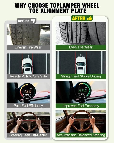 Before and after effects of using Wheel Toe Alignment Tool Kit For Home Garage DIY Use With Stainless Steel Toe Plates