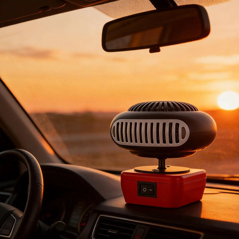 Cordless Battery Space Heater For Garage Jobsite 200 Watt Portable Warmer With Dual Usb Charging 360 Degree Swivel in a car dashboard.