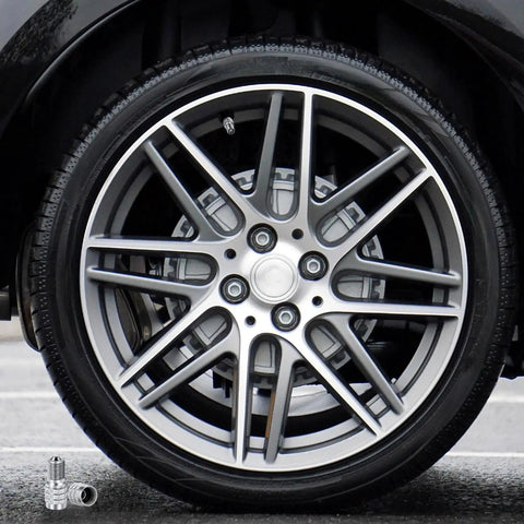 Car tire with 20 Pack Double Seal Valve Stem Caps For High Pressure Tires With Flow Through Design, copper construction shown.