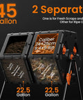 Double Chamber Rotating Compost Tumbler 170L Outdoor Bin With Elevated Base, showing two 22.5 gallon chambers and design details.