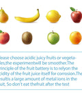 Fruit Battery Science Kit With Instruction Guide For Hands On STEM Learning Potato Science Project For School And Home Kid Friendly DIY Experiments Kit With Copper And Zinc Sheets LEDs Wires Buzzer Motor And Propeller with images of fruits and safety instructions displayed on screen.