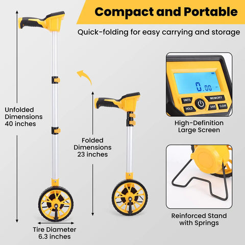 Heavy Duty Digital Measuring Wheel With Backlit Display And Folding Rollers For Surveying And Construction Straight Up Accurate To Point Zero Three Precision In Feet And Meters Built Tough For No Sweat Work