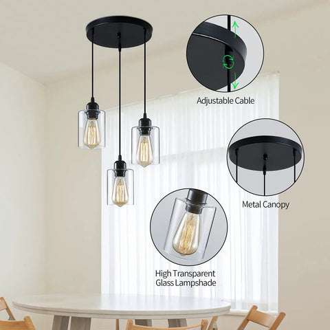 Industrial 3 Light Pendant Lighting With Adjustable 39.4 Inch Cords, Clear Glass Shade For Kitchen Island, Dining Room, Hallway And Bedroom, E26 Base Ready