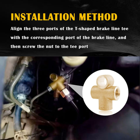 Three Way Copper Brake Line Tee Union with Inverted Male Nuts for 3/16 Inch Pipe installed in car brake system