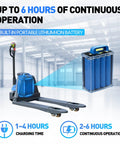 Heavy Duty Electric Pallet Jack With A Massive 4,400 Lbs Load Capacity showing built-in lithium-ion battery for 6 hours operation.
