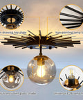 Sleek Black Flush Mount Ceiling Light With Glass Globe Sputnik Starburst 1 Light, showing details like iron body and glass globe.
