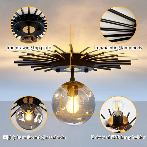 Sleek Black Flush Mount Ceiling Light With Glass Globe Sputnik Starburst 1 Light, showing details like iron body and glass globe.