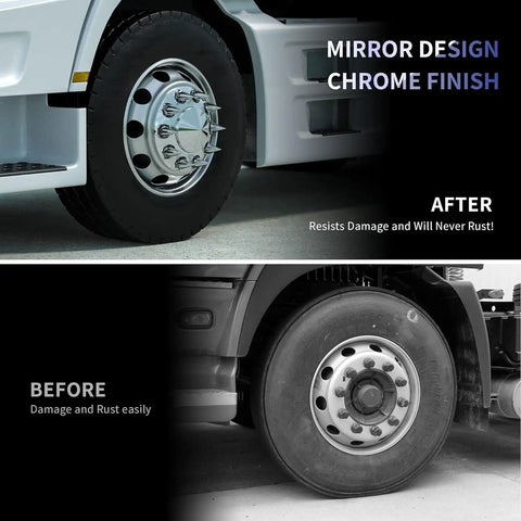 Comparison of semi truck wheels with a Chrome Plated Front Axle Cover Kit For Semi Trucks With Thread On 33mm Lug Nut Covers