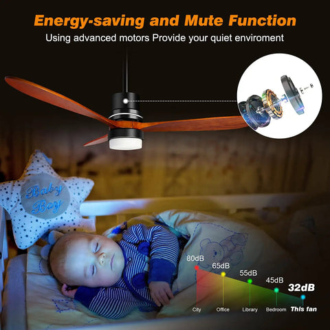 52 Inch Wood Ceiling Fan With Remote Control, 3 Color Temperature LED Light Kit, Rustic Vintage Farmhouse Style in nursery