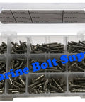 Type 316 stainless steel Phillips oval-head sheet metal screw kit in a clear plastic organizer; Marine Bolt Supply.
