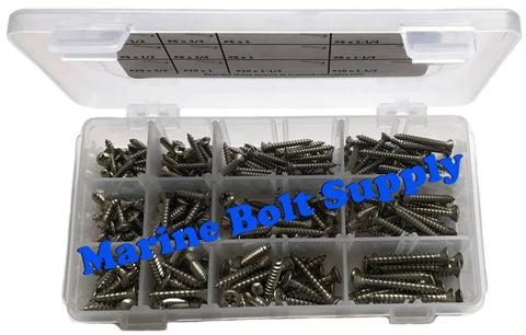 Type 316 stainless steel Phillips oval-head sheet metal screw kit in a clear plastic organizer; Marine Bolt Supply.
