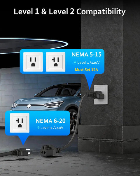 Portable Level 1 And Level 2 EV Charger With 16A Output ETL Certified 110V-240V Range 25FT Cable NEMA 6-20 Plug And NEMA 5-15 Adapter