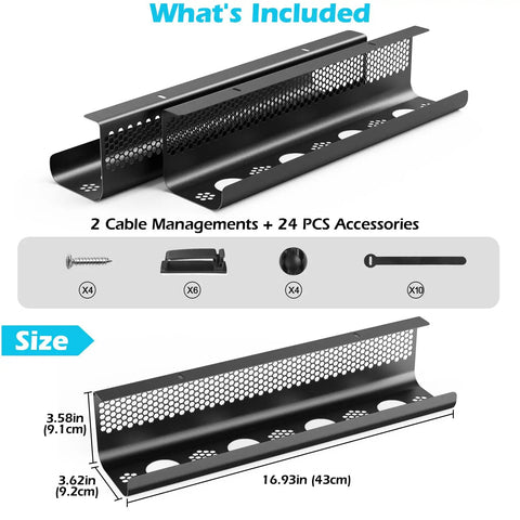 Under Desk Cable Management Tray Kit 26 Piece With Ventilated Hexagonal Design shown with accessories and dimensions in black.