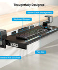 Under Desk Keyboard Tray With 60 Degree Swivel Clamp And Height Adjustment For Corner Desks, 25.6 by 11.8 inch, showing cable management and pen slot.