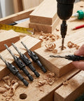Five Piece Hex Shank Countersink Drill Bit Kit With Quick Release Crank Handle For Dead Simple Woodworking Hole Prep, displaying various drill bits on a workbench.