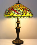 Tiffany Style Stained Glass Table Lamp Dragonfly Motif In Green And Red, 16 Inch Shade, 24 Inch Tall Antique Reading Light