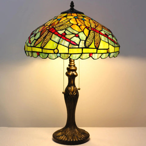 Tiffany Style Stained Glass Table Lamp Dragonfly Motif In Green And Red, 16 Inch Shade, 24 Inch Tall Antique Reading Light