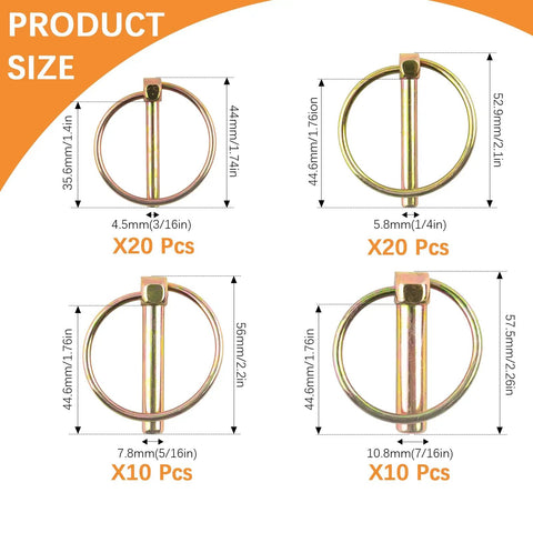 Heavy Duty Lynch Pin Kit 60 Piece Assortment For Trailer Pins And 3 Point Hitch Pins With size specifications shown