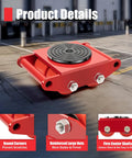 4 Piece Red Carbon Steel Machinery Mover Dolly Set 6 Ton 13200 Lb Capacity with PU Casters close-up on reinforced nuts and rollers