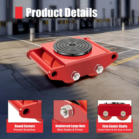 Close-up of a Heavy Duty 4 Pc Machinery Mover Skate With Steering Handles showing red steel construction and PU rollers.