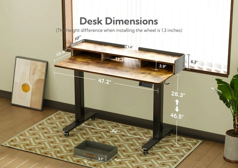 Adjustable Standing Desk With Drawers, Electric Sit Stand Desk With Storage Shelf And Splice Board, 48 Inch, Rustic Brown