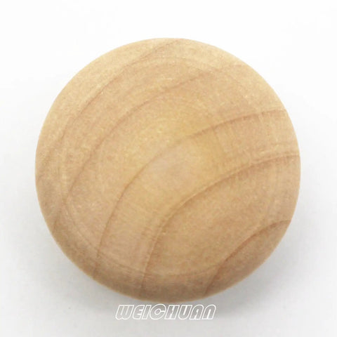 30 Pack Unfinished Solid Round Natural Wood Cabinet Knobs Do It Yourself Drawer Pulls For Dresser Wardrobe Cupboard And Furniture Drawers Ready To Stain Or Paint One And Three Eighths Inch Diameter showing a single knob with visible grain pattern.
