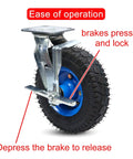 Heavy Duty Rubber Caster Wheels Set 8 and 10 Inch Pneumatic Swivels With Brakes showing brake mechanism and tread details.