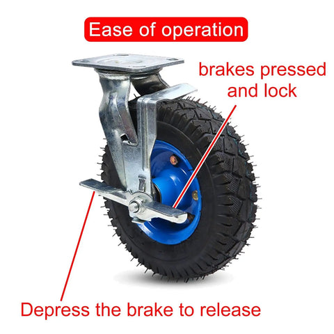 Heavy Duty Rubber Caster Wheels Set 8 and 10 Inch Pneumatic Swivels With Brakes showing brake mechanism and tread details.