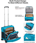 Underseat Carry On Luggage With Wheels 16 Inch Softside Suitcase Lightweight Travel Bag With Telescopic Handle And Quiet 360 Degree Wheels Built In Charging And Headphone Port Caribbean Blue Personal Item For Men And Women showing multi-pocket design with laptop compartment open